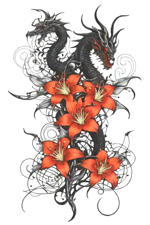 Dragon And Red Spider Lily Flowers Coming Together Symbolizing