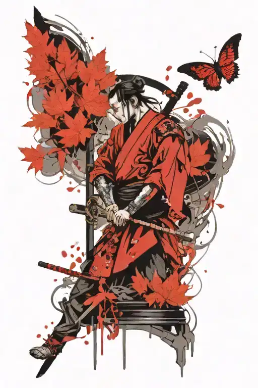 Samurai And Leaves Kneel Inside The Hourglass
