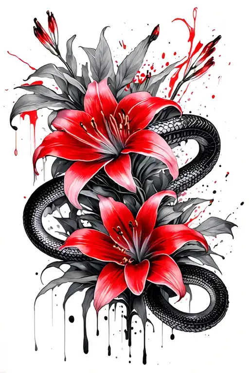 I Need Back To Two With Snake Coils Around Two Japanese Flowers Called Spider Lily