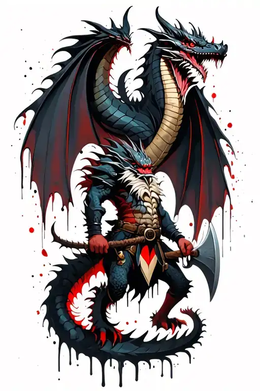 Black Dragon Full Body Shaped Like And An Dwarf Holding An Great Axe