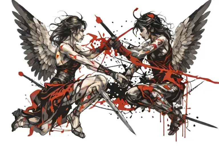 Women Angel Fighting A Demon Woman With Swords Flying Towards Eachother