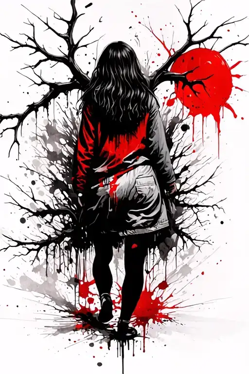 Girl In Tattered Clothes Walking Towards Dead Hallow Tree