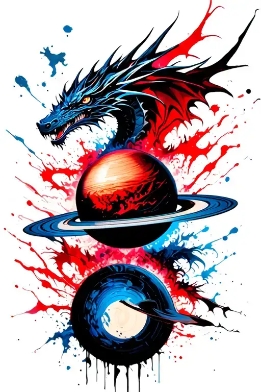 Saturn Surrounded By Dragons Black And Blue No Red
