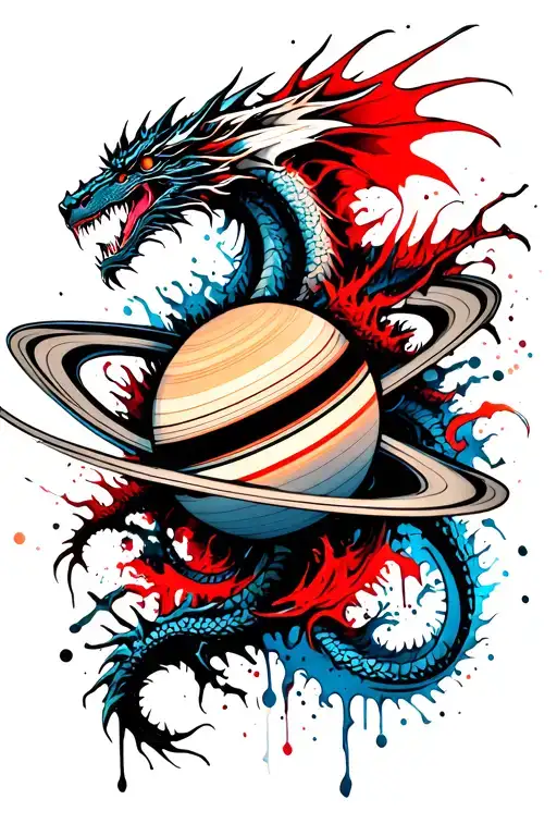 Saturn Surrounded By Dragons Black And Blue