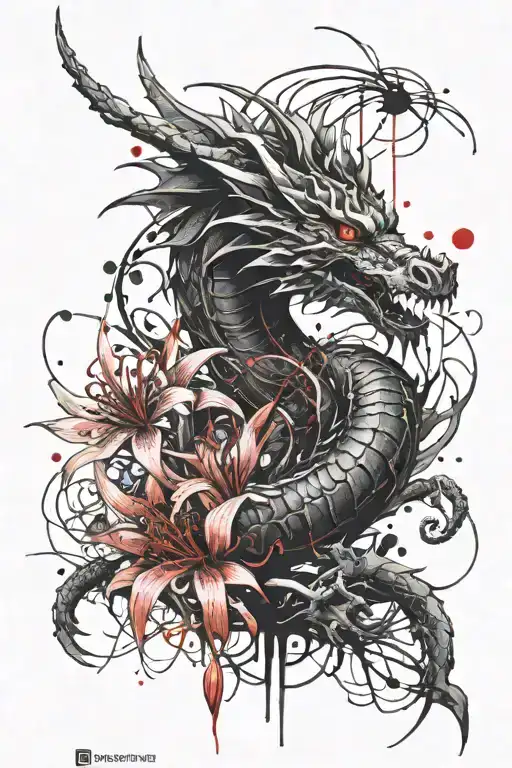 Dragon With Red Spider Lily Flowers