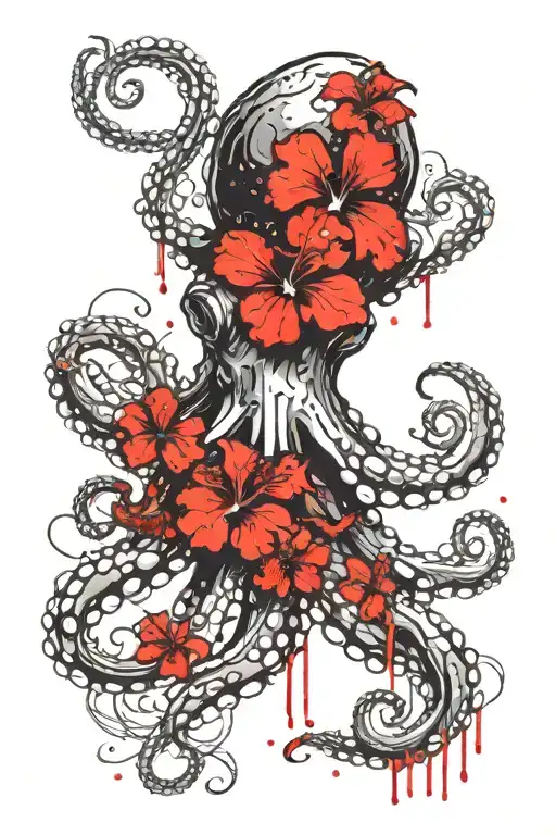 Octopus With Red Hibiscus Flowers