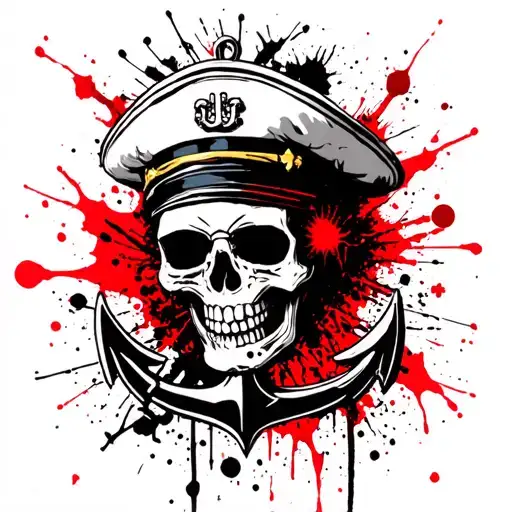Skull With Sailor Hat And Large Anchor Intertwined
