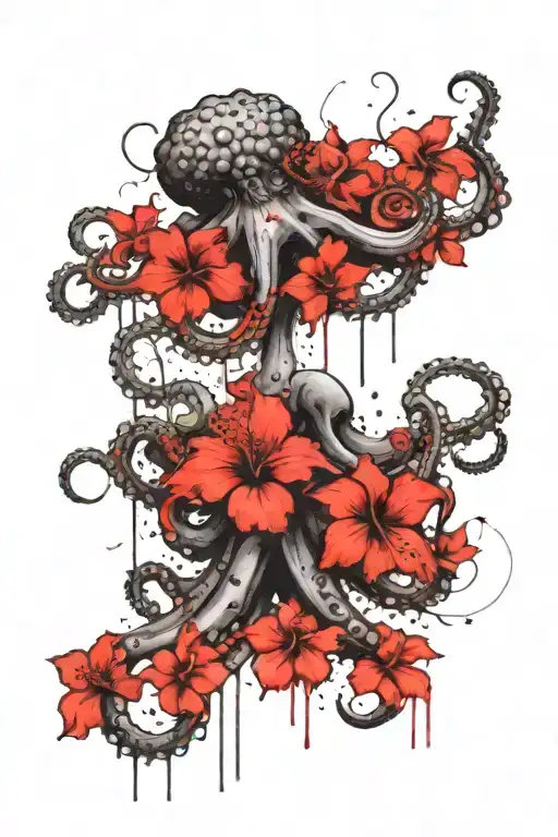 Octopus With Red Hibiscus Flowers