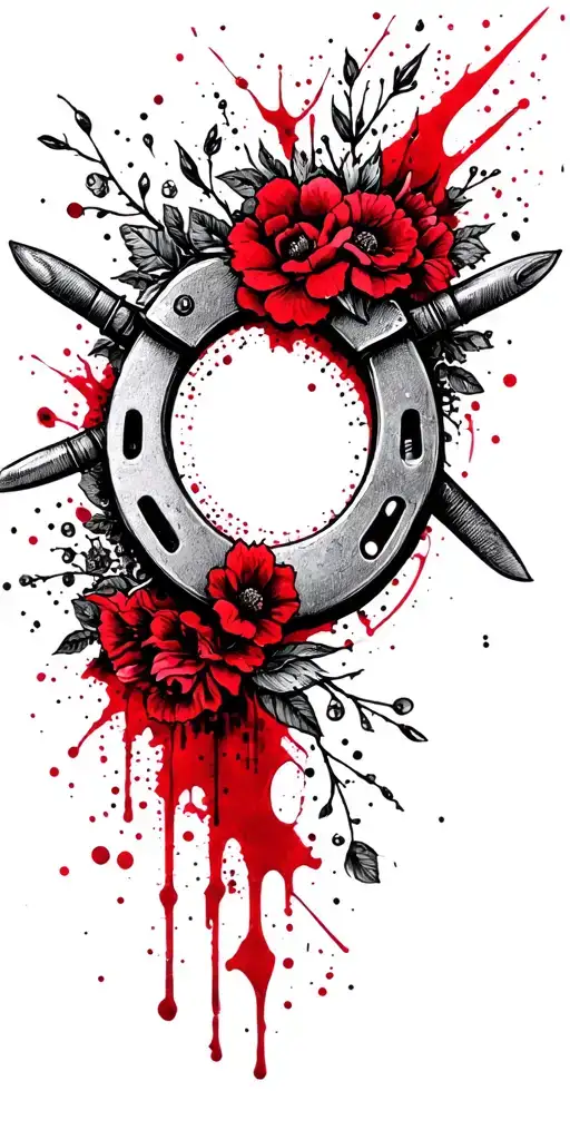 A Dotwork Tattoo Of A Horseshoe Surrounded By Spurs And Delicate Floral Elements