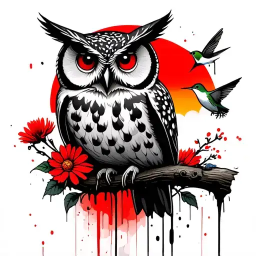 Owl Perched On A Branch Full Of Flowers With Humming Bird In A Forest With A Sunset