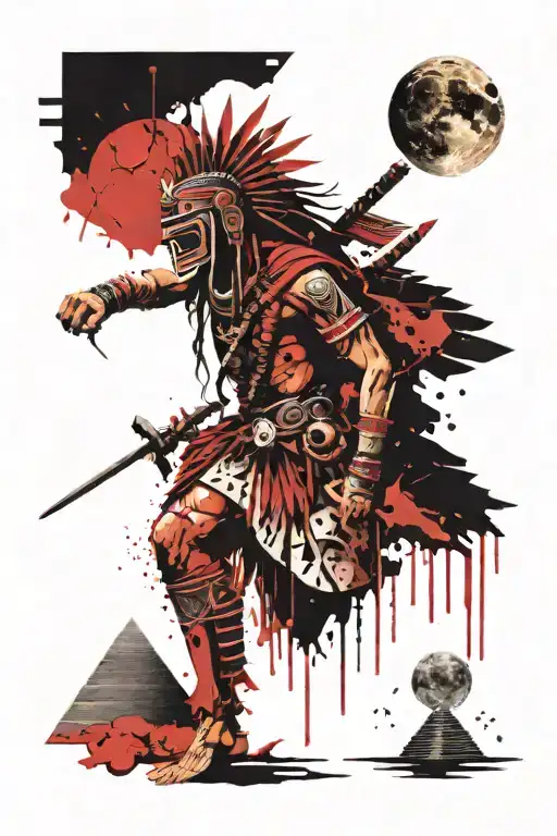 Aztec Warrior With The Pyramids Behind And The Moon