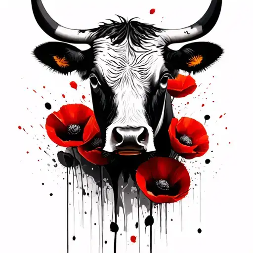 Hereford Bull Head Overlaying Poppies Blooming