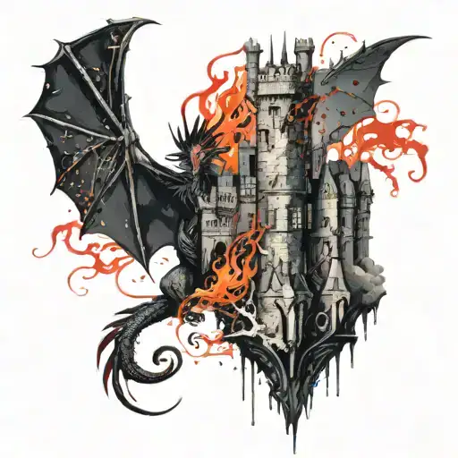 Flying Dragons Around A Castle That Is On Fire