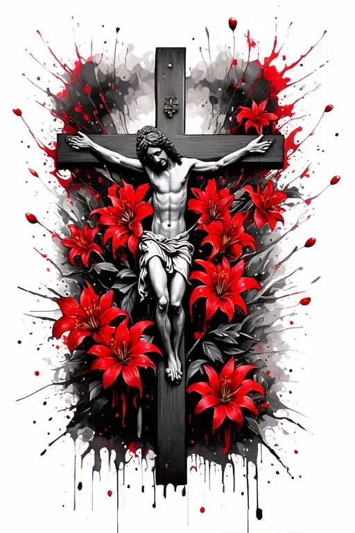 Jesus On The Cross With Red Spider Lilies And Cherry Blossoms In The Breeze