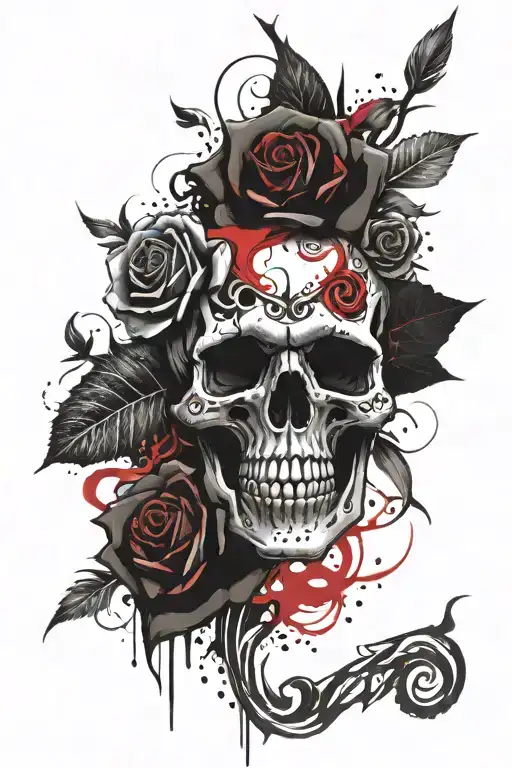 Black Rose And Red Rose Skull And Flames In Background