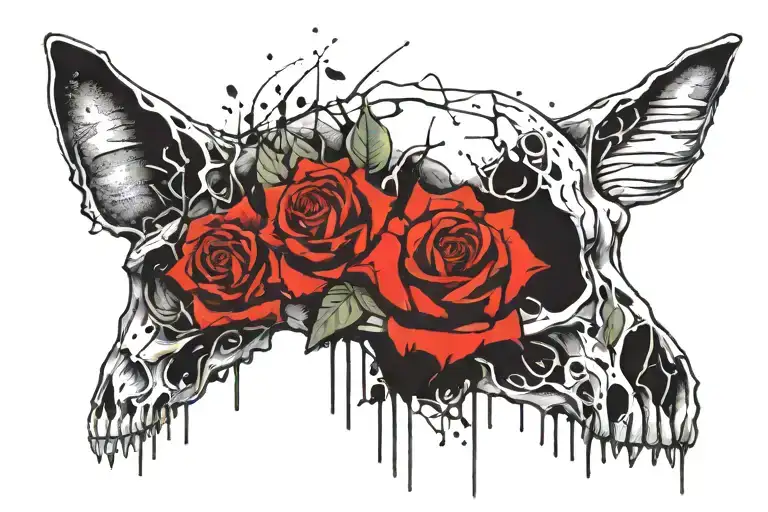 Cat Skull Red Roses