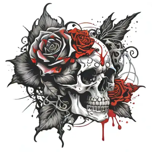 Black Rose And Red Rose Skull And Flames In Background