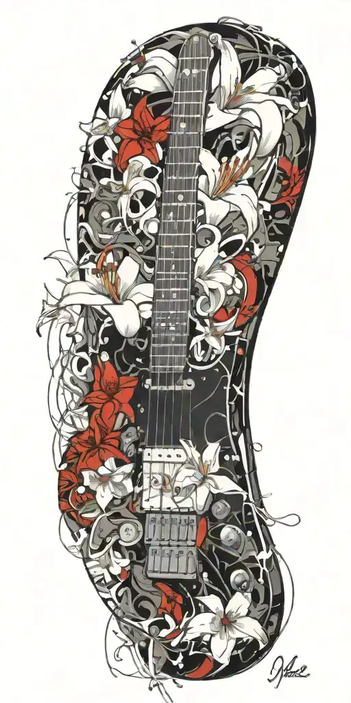 Stratocaster Guitar Headstock Surrounded With White Lily Flowers