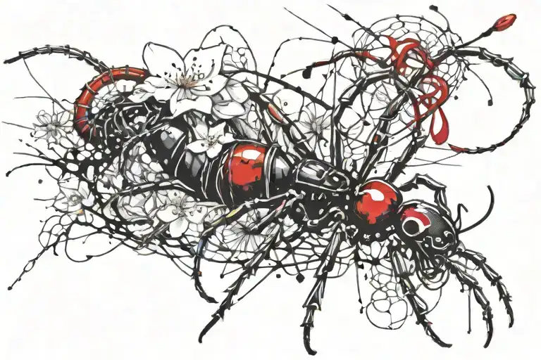 Japanese Cherry Blossom With Centipede And A Spider