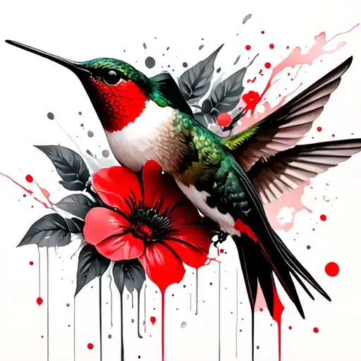 Hummingbirds Flowers In The Japanese Style Is Black Red