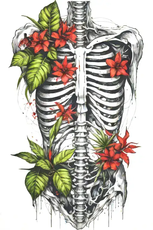 Anatomic Human Rib Cage And Spine With Tropical Plants Growing From It
