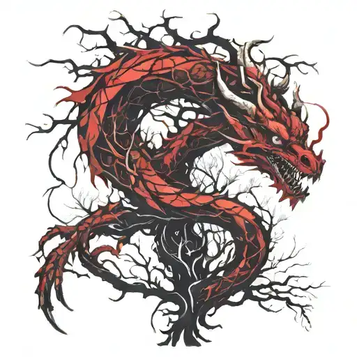 Red Dragon Wrapped Around The Roots Of A Rowan Tree