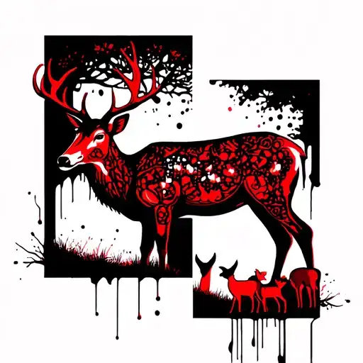 Deer Full Body With Tree And Babies