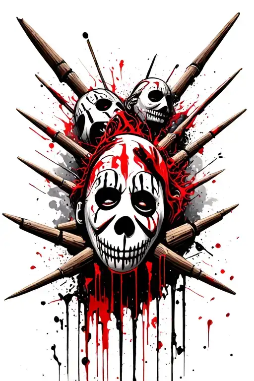 Slipknot Band Members Masks Impaled On Wooden Spikes In A Heavy Metal Distopian Background