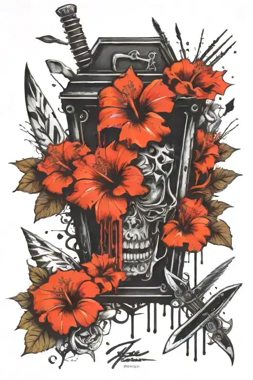 Coffin And Knives And Hibiscus And Scroll Wrapped