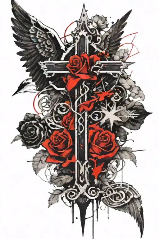 Black Cross With Angel Wings And Roses Growing
