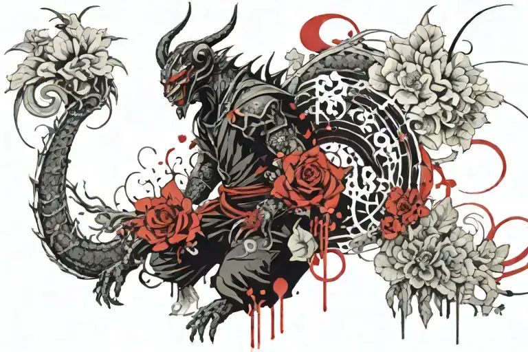 Samurai Demon Dragon With Flowers