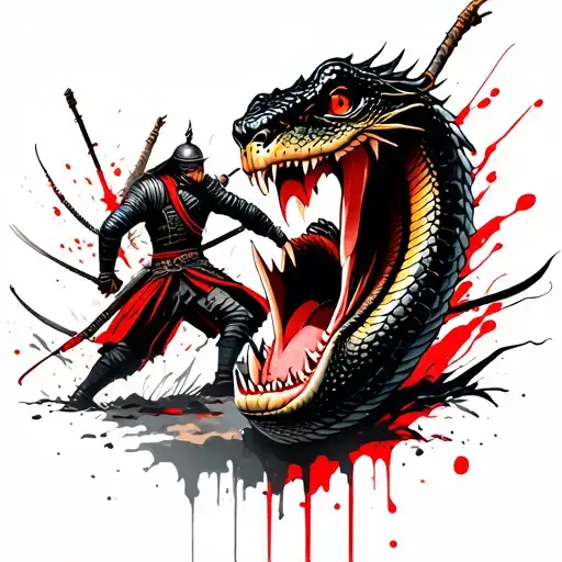 A Cobra Watching Two Samurai Warriors Fighting With It's Mouth Open Behind Them