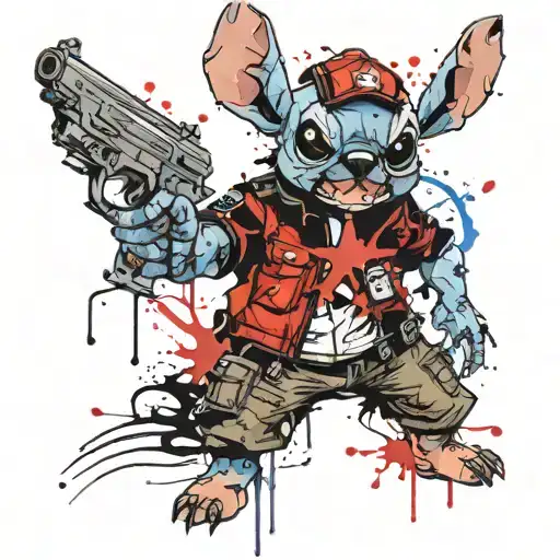 Stitch In A Police Uniform Holding A Gun