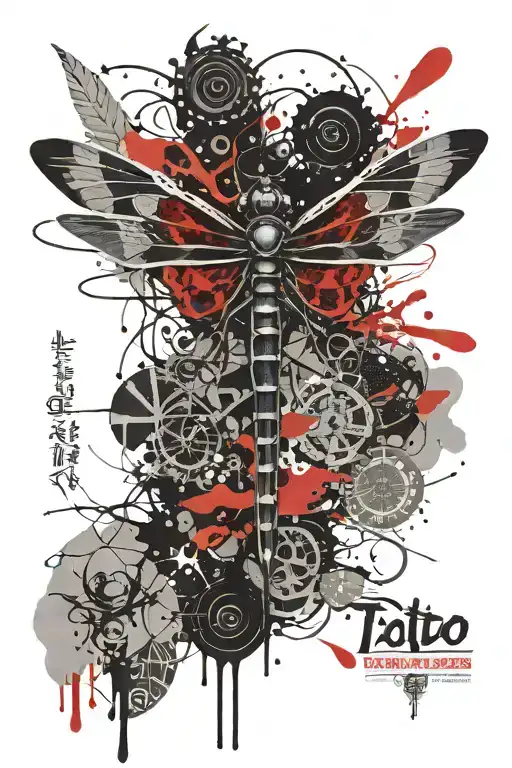 Siluhette Of A Dragon Fly Growing With Text Tatto