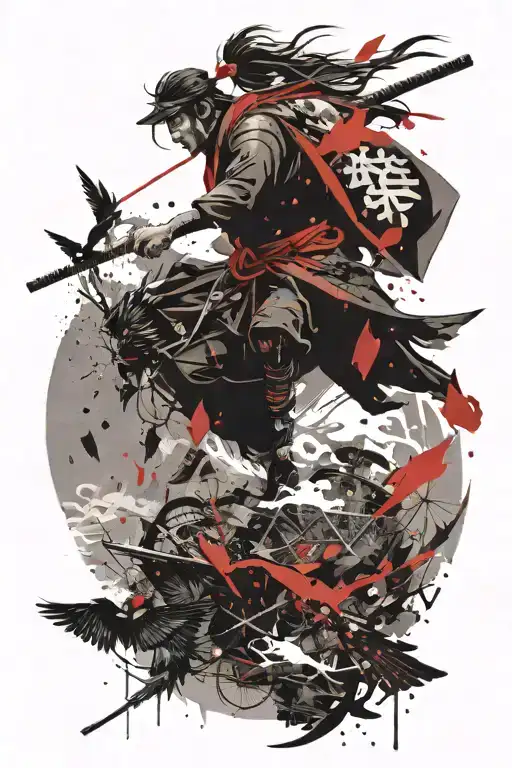 Samurai And Crow Flying Away