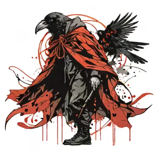 Mysterious Figure With A Cloak Full Body Standing And A Raven On His Shoulder