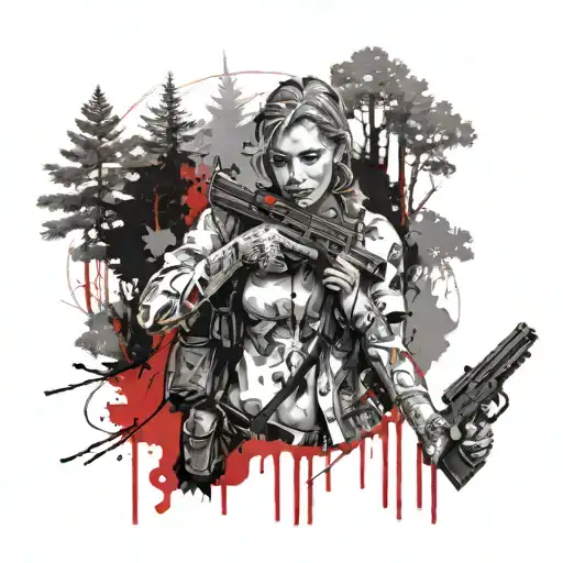 Forest Landscape With A Woman Holding A Gun