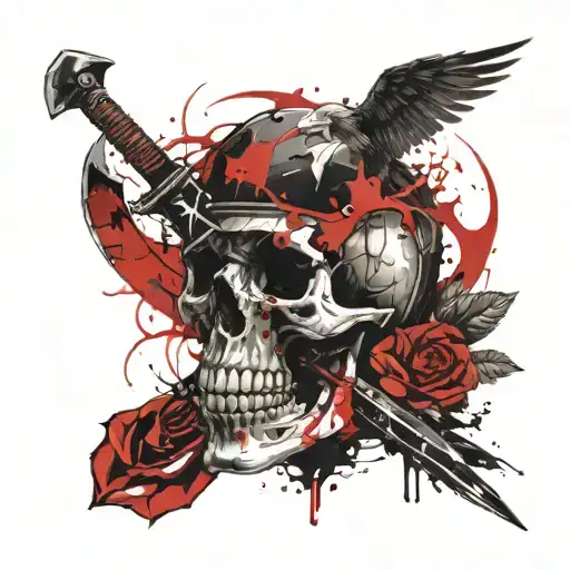 Skull And Warrior With Axe And Raven