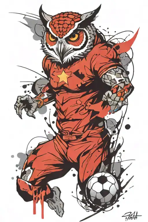 Full Sleeve Tattoo With A Gym And Football Theme That Includes A Muscular Bull And An Owl