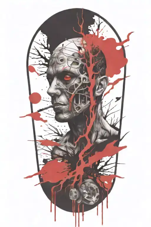 Creepy Wilderness Half Sleeve Tattoo Featuring Needles And Buttons