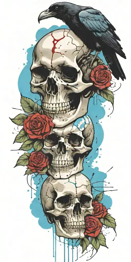 Skull And Roses With Raven Perched On Top Blue Sky Background