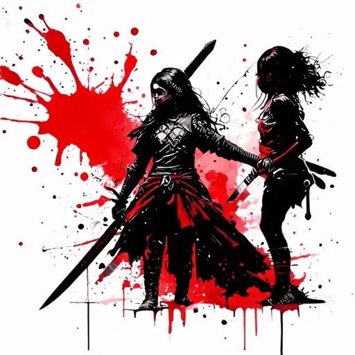 Girl Warrior With A Sword Protects A Little Girl