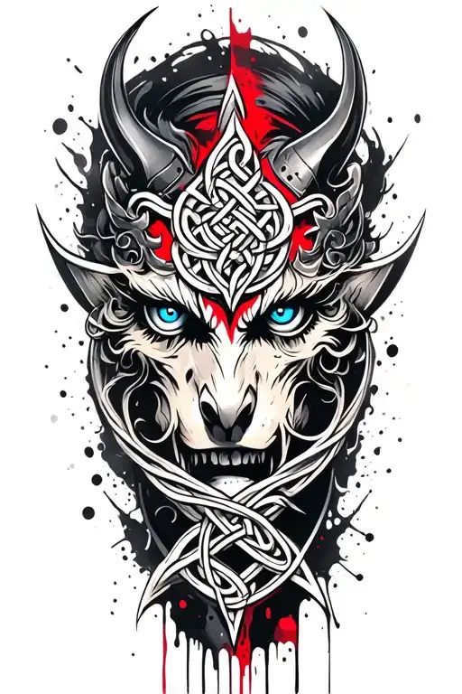 Demon With Blue Eyes On Armor Tattoo Design Featuring Celtic Trinity Knot