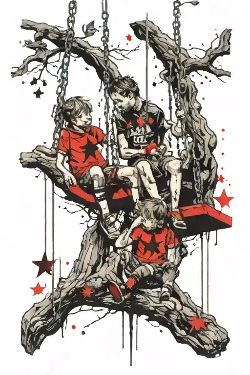 Children On Tree Swing Looking At Star