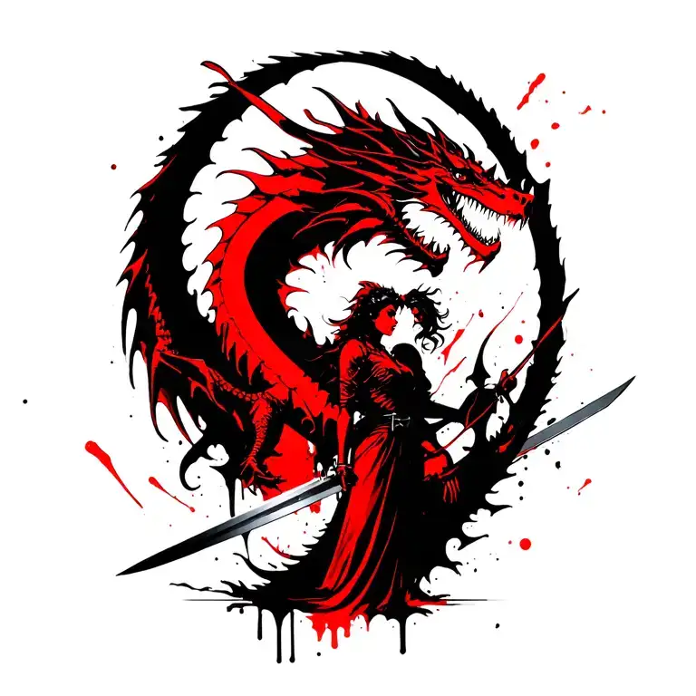 A Slayn Dragon With A Woman Holding A Sword Standing Next To It