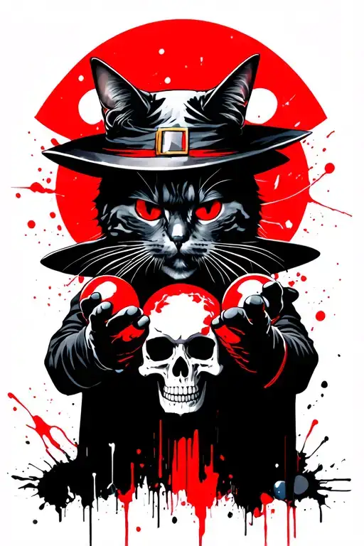 Evil Cat Wizard With Magic Balls In His Hands On The Skull
