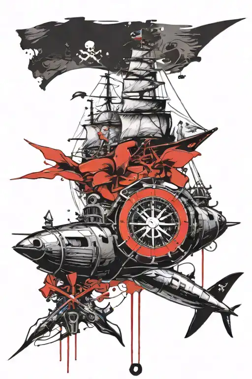 Compass Rose And Pirate Flag And Submarine Dolphine