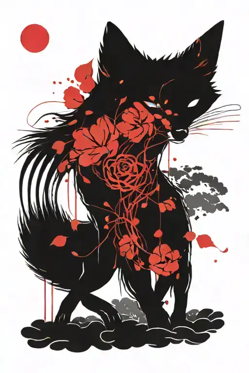 A Fox With Part Of Its Skeleton Visible Wrapped In A Red Thread Under The Moon And Sakura Petals
