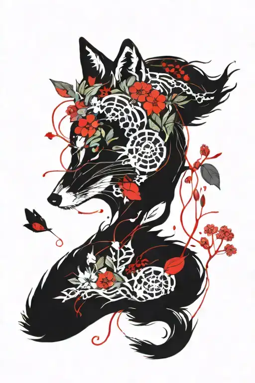 A Fox With Part Of Its Skeleton Visible Wrapped In A Red Thread Under The Moon And Sakura Petals