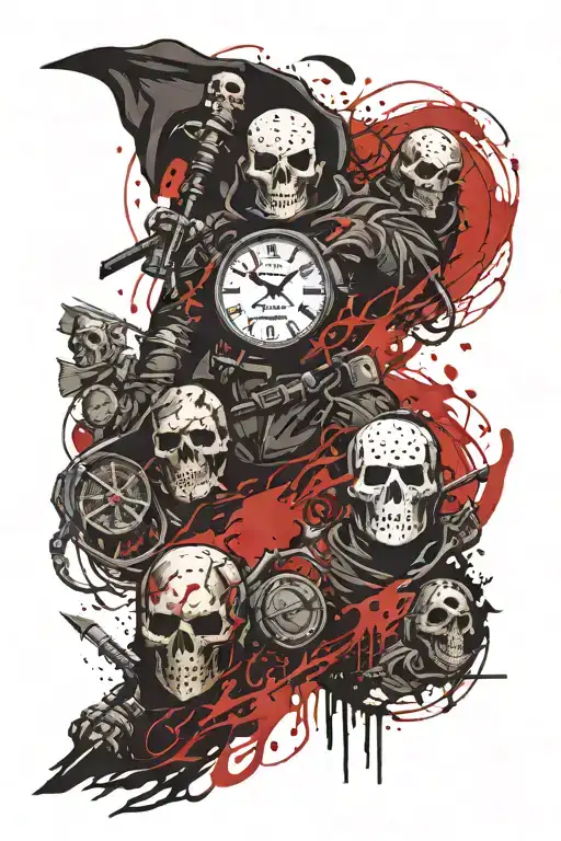 Jason Voorhees And The Grim Reaper With Clocks And Skulls
